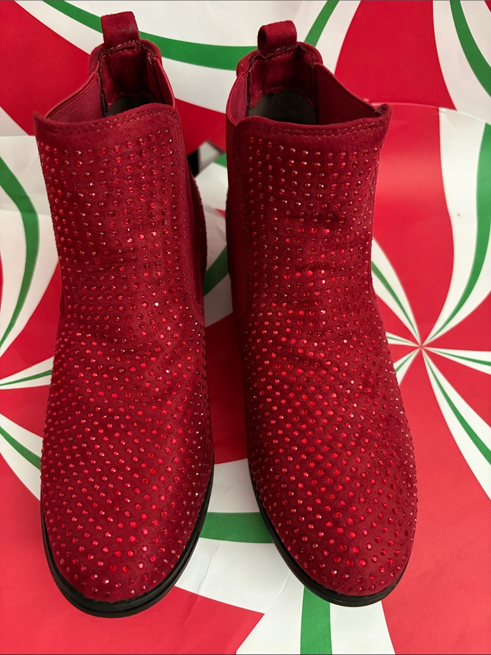Italina Red Rhinestone Suede Ankle Booties